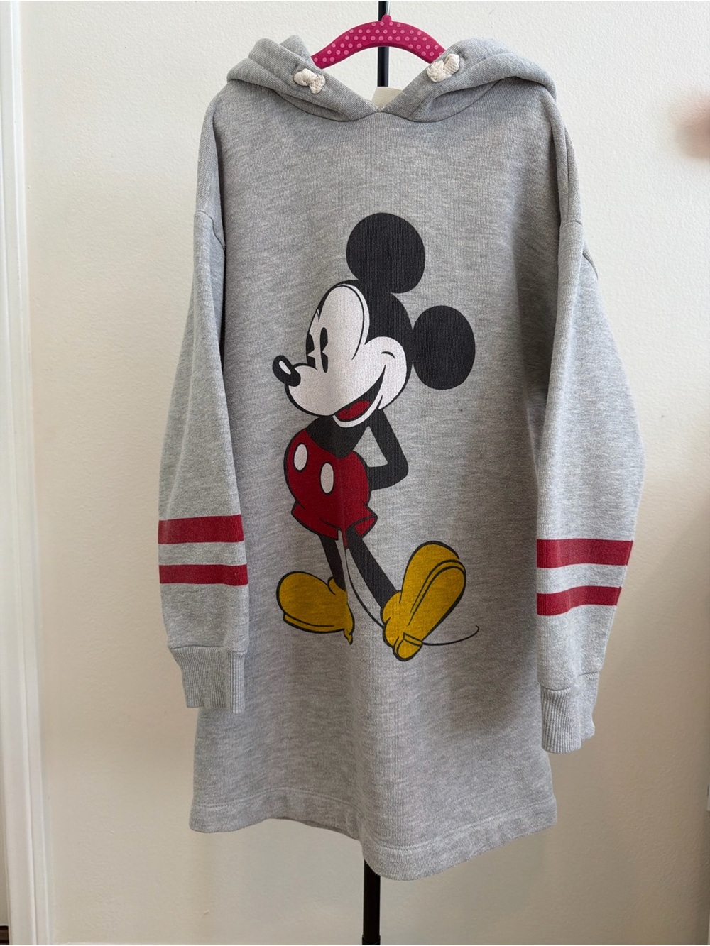 Zara Disney Grey Hoodie Dress with Mickey Graphic, Red Stripes and Yellow Shoes